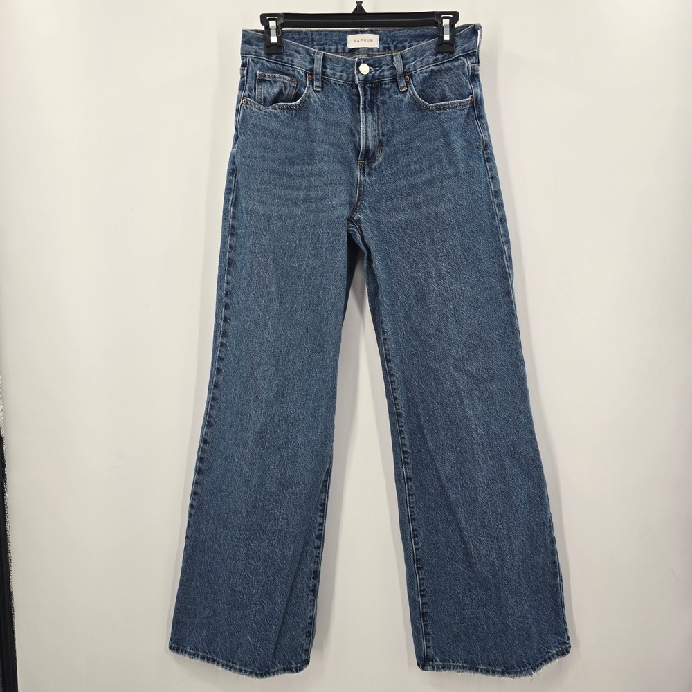 PacSun High Waisted Wide Leg Jeans Medium Wash Raw Hem 100% Cotton Size 28